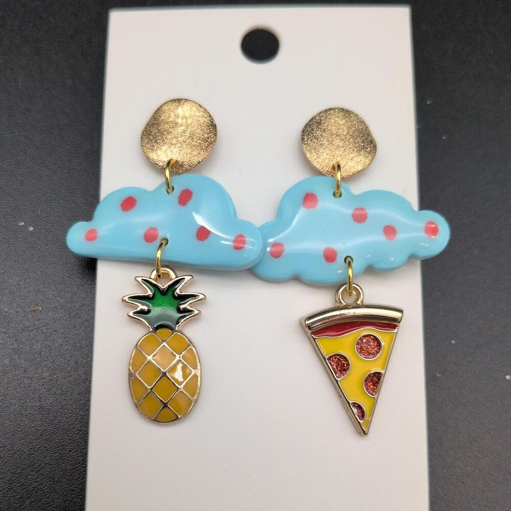 Funky lightweight polymer clay and charm pizza and pineapple dangle earrings